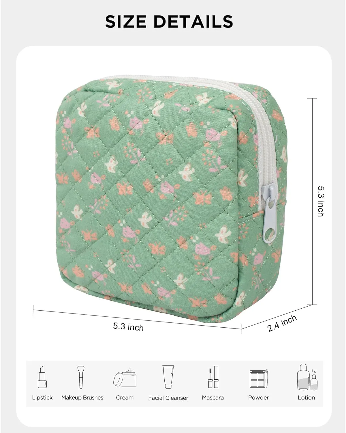 LETGO Floral Makeup Bag, Small Cosmetic Bag for Women Girls, Cute Cotton Makeup Bag, Quilted Makeup Bags, Flower Travel Make up Bag for Purse (Green Floral)