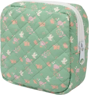 LETGO Floral Makeup Bag, Small Cosmetic Bag for Women Girls, Cute Cotton Makeup Bag, Quilted Makeup Bags, Flower Travel Make up Bag for Purse (Green Floral)