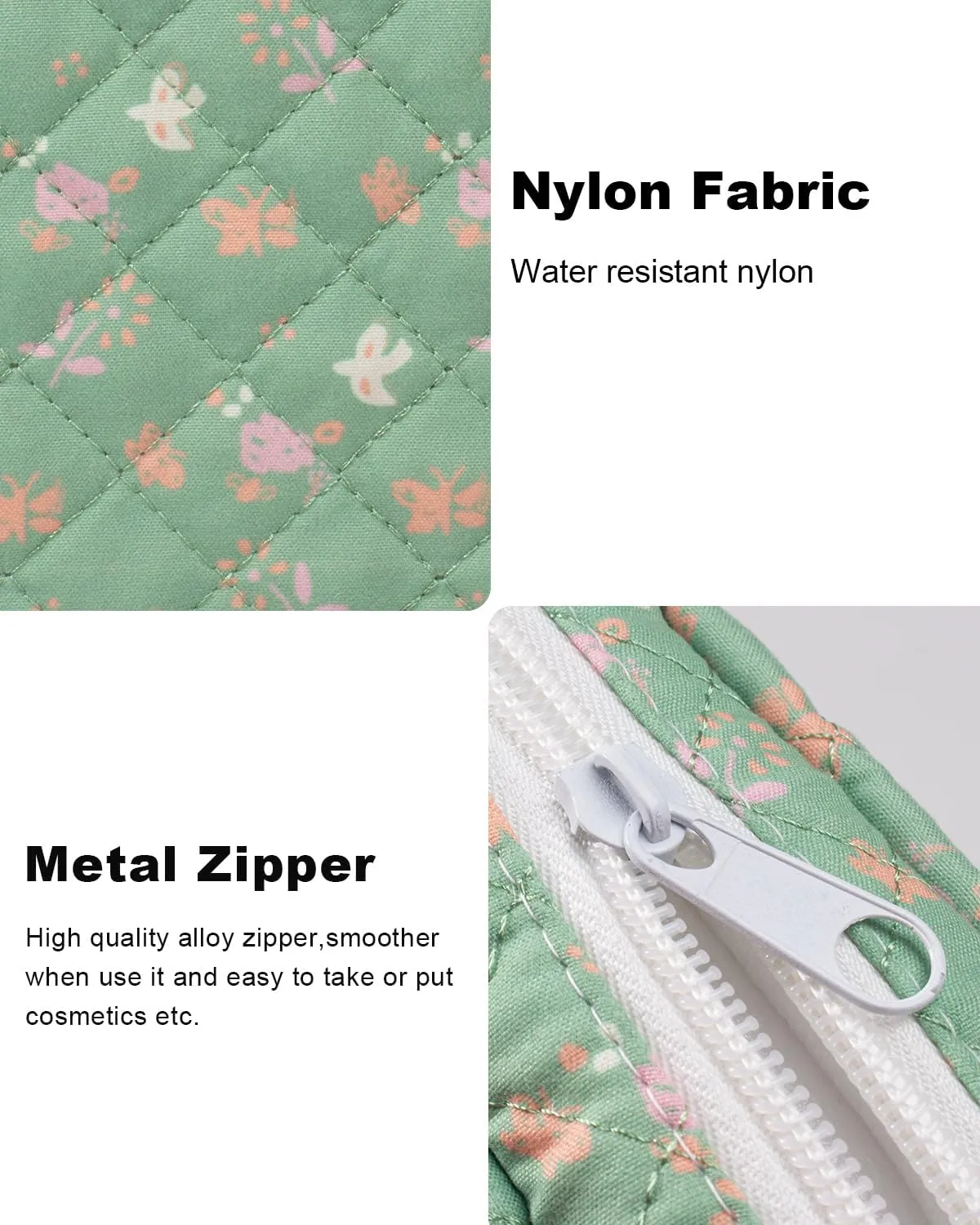 LETGO Floral Makeup Bag, Small Cosmetic Bag for Women Girls, Cute Cotton Makeup Bag, Quilted Makeup Bags, Flower Travel Make up Bag for Purse (Green Floral)