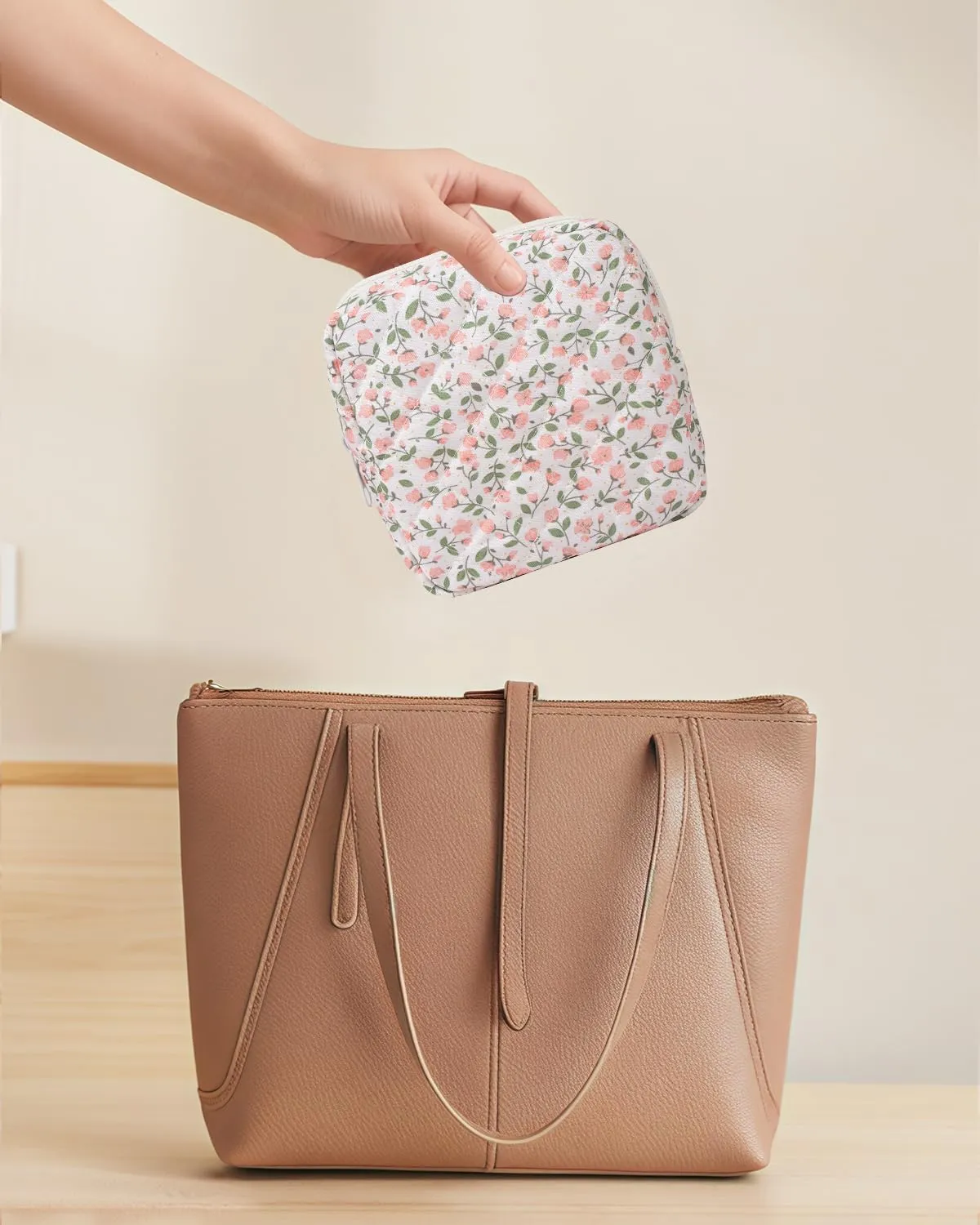 LETGO Floral Makeup Bag, Small Cosmetic Bag for Women Girls, Cute Cotton Quilted Bag, Pink Floral