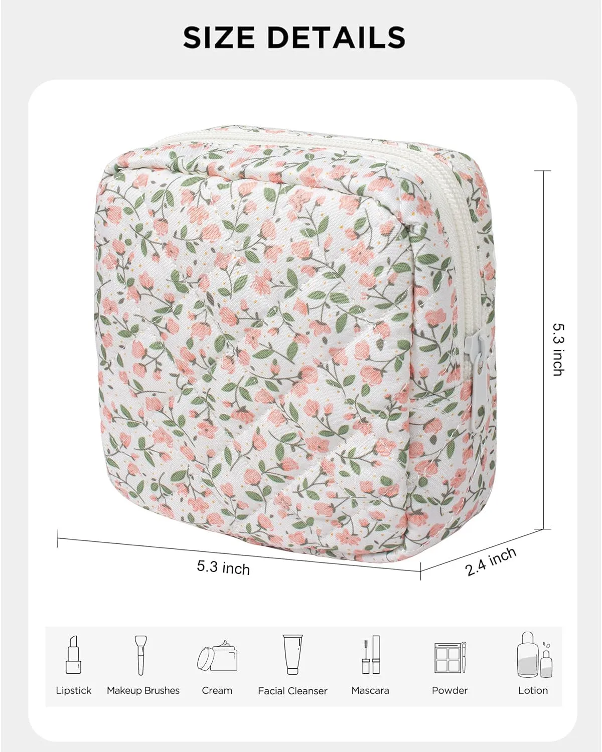 LETGO Floral Makeup Bag, Small Cosmetic Bag for Women Girls, Cute Cotton Quilted Bag, Pink Floral