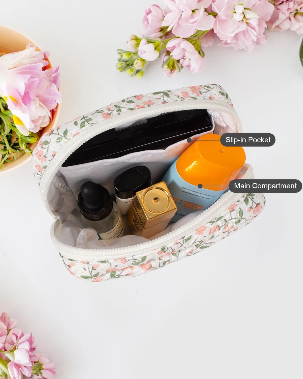 LETGO Floral Makeup Bag, Small Cosmetic Bag for Women Girls, Cute Cotton Quilted Bag, Pink Floral