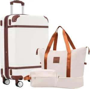 Lightweight Hardshell Luggage Set with Travel Bags, Expandable 24-Inch Suitcase with Spinner Wheels, White