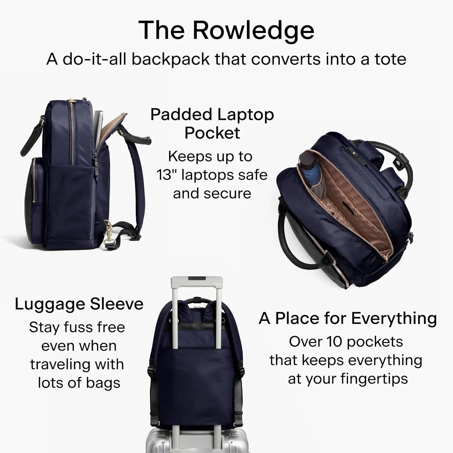Lo & Sons Rowledge Backpack & Tote - Premium Travel Laptop Bag with 13" Laptop Compartment, Luggage Sleeve | Leather & Water Resistant Nylon | Chic Modern Bag for Women for Everyday, Work, Business