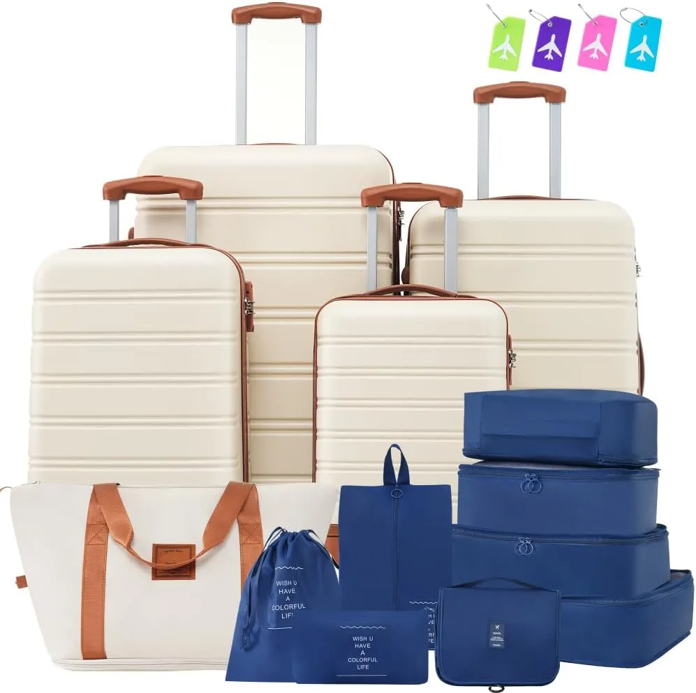 Luggage Sets 4 Pcs   Carry-On Bag, Spinner Suitcase with TSA Lock, Lightweight 16" 20" 24" 28" Luggage(Brown White)