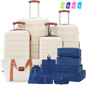 Luggage Sets 4 Pcs   Carry-On Bag, Spinner Suitcase with TSA Lock, Lightweight 16" 20" 24" 28" Luggage(Brown White)