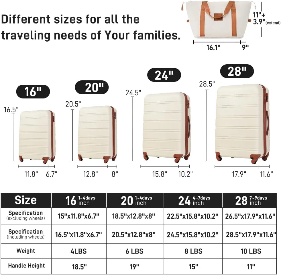 Luggage Sets 4 Pcs   Carry-On Bag, Spinner Suitcase with TSA Lock, Lightweight 16" 20" 24" 28" Luggage(Brown White)