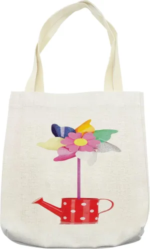 Lunarable Pinwheel Tote Bag, Colored Pinwheel in Watering Can Vibrant Colors Plastic Rainbow Flower Spiral Wind, Cloth Linen Reusable Bag for Shopping Books Beach and More, 16.5" X 14", Cream