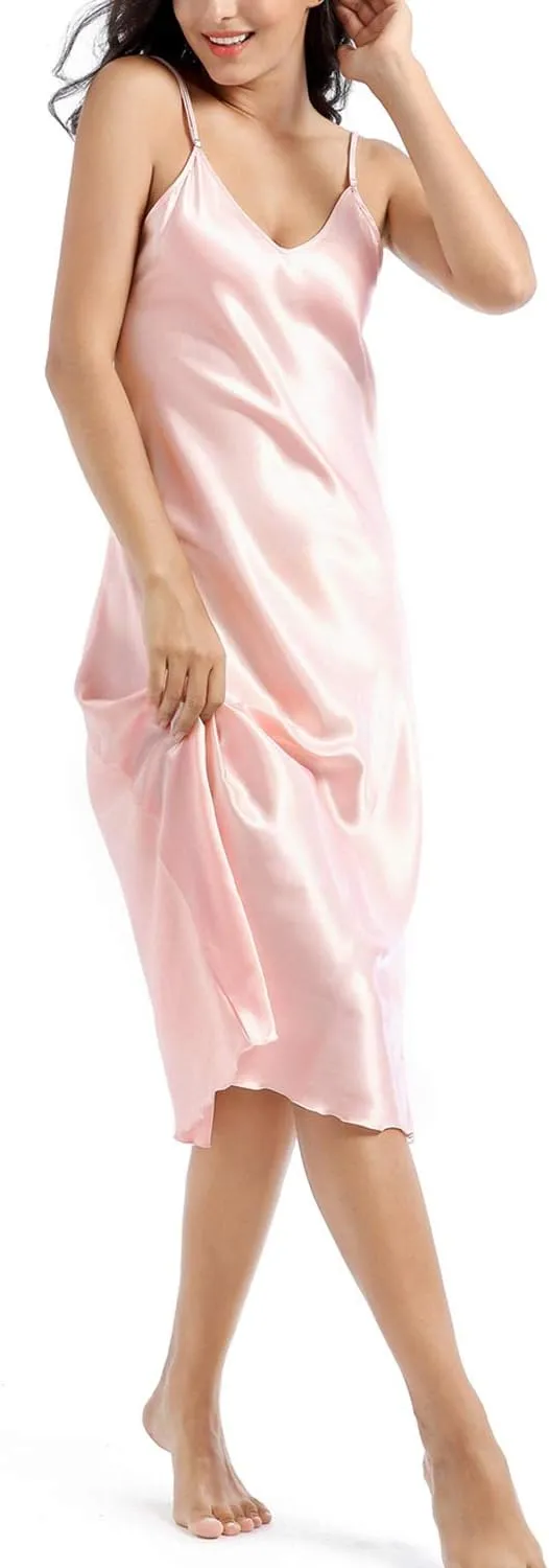 Lu's Chic Women's Satin Nightgown Spaghetti Strap Slip Nightdress Chemise Negligee Lingerie