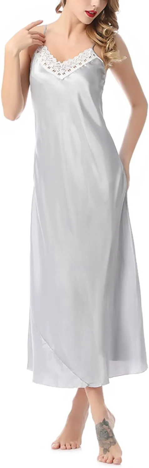 Lu's Chic Women's Satin Nightgown Spaghetti Strap Slip Nightdress Chemise Negligee Lingerie