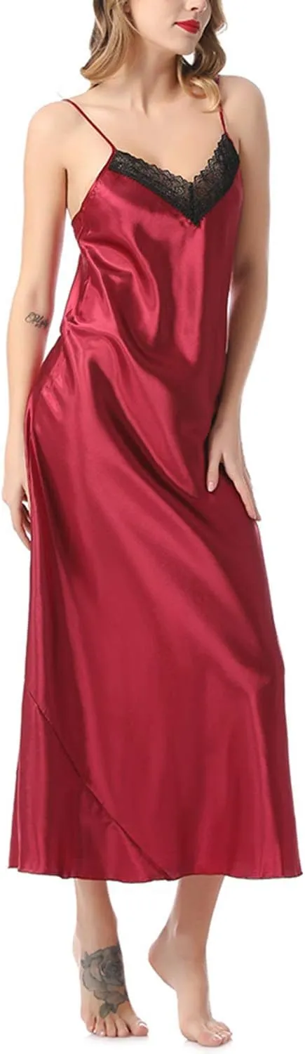 Lu's Chic Women's Satin Nightgown Spaghetti Strap Slip Nightdress Chemise Negligee Lingerie