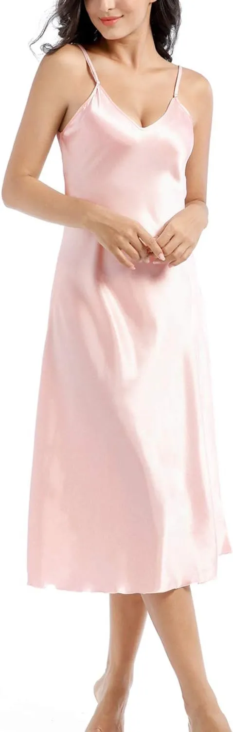 Lu's Chic Women's Satin Nightgown Spaghetti Strap Slip Nightdress Chemise Negligee Lingerie