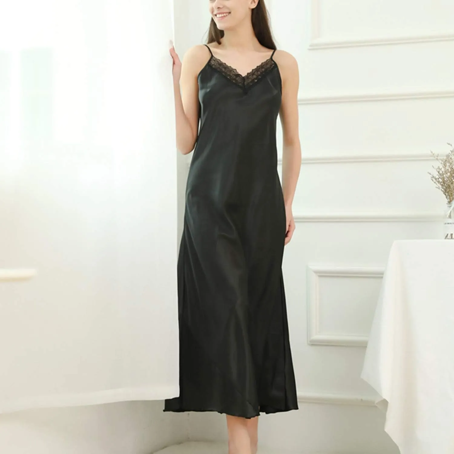 Lu's Chic Women's Satin Nightgown Spaghetti Strap Slip Nightdress Chemise Negligee Lingerie
