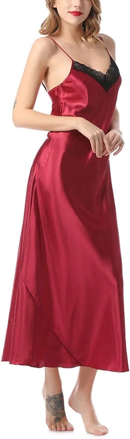 Lu's Chic Women's Satin Nightgown Spaghetti Strap Slip Nightdress Chemise Negligee Lingerie