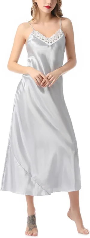 Lu's Chic Women's Satin Nightgown Spaghetti Strap Slip Nightdress Chemise Negligee Lingerie