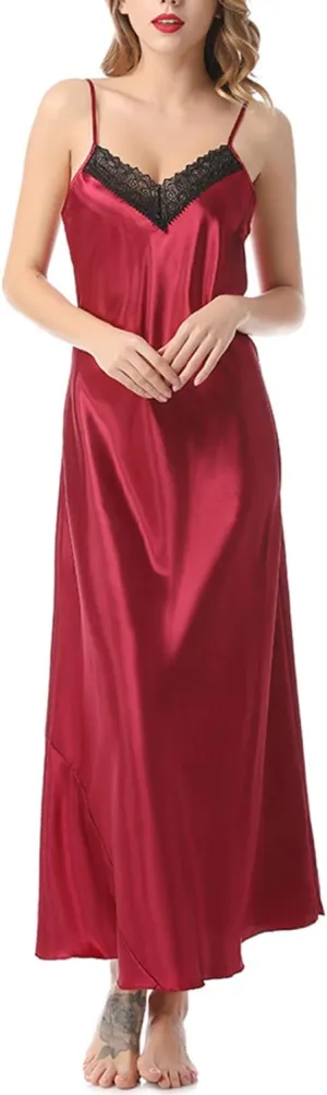 Lu's Chic Women's Satin Nightgown Spaghetti Strap Slip Nightdress Chemise Negligee Lingerie