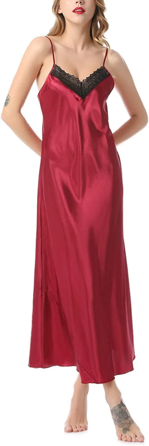 Lu's Chic Women's Satin Nightgown Spaghetti Strap Slip Nightdress Chemise Negligee Lingerie