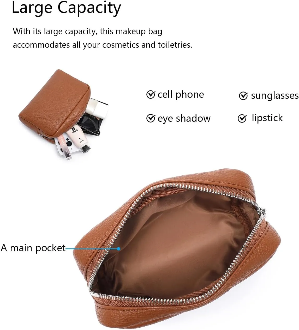 Makeup Bag Large Capacity Women's Classic Black Wash Bag Adjustable Partition Wash Brush and Cosmetic Carrying Bag (PU/Saddle Brown)