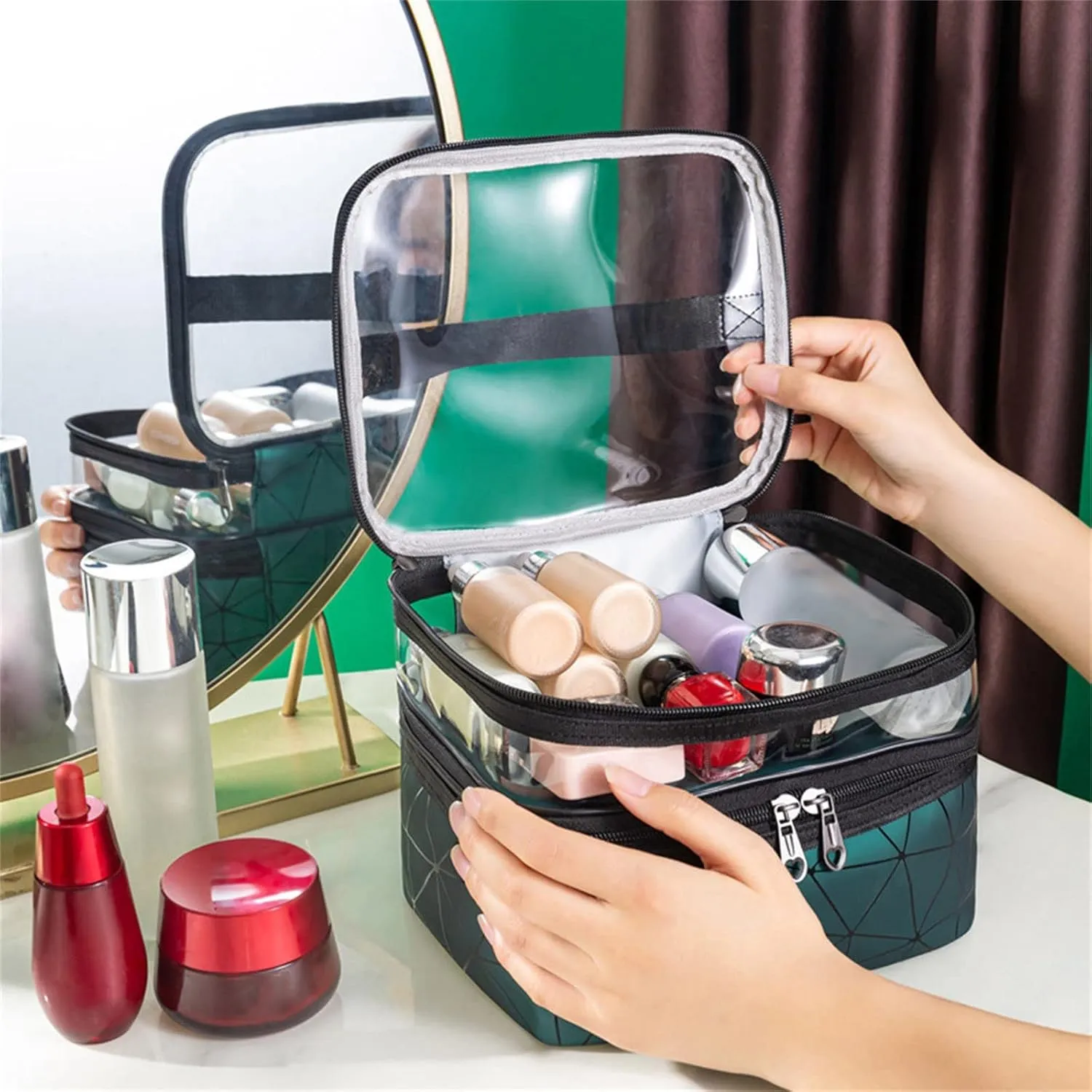 Makeup Travel Case Leopard Makeup Bags Double Layer Travel Cosmetic Cases Make Up Organizer Toiletry Bags Double Layer