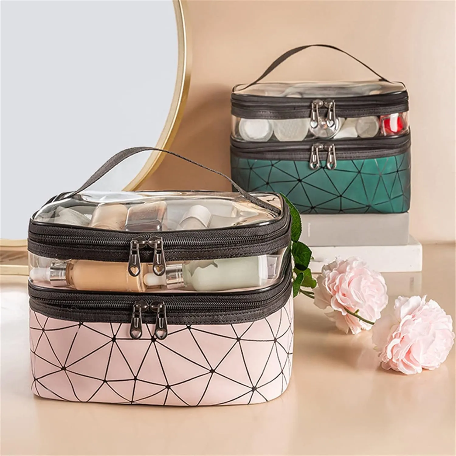 Makeup Travel Case Leopard Makeup Bags Double Layer Travel Cosmetic Cases Make Up Organizer Toiletry Bags Double Layer
