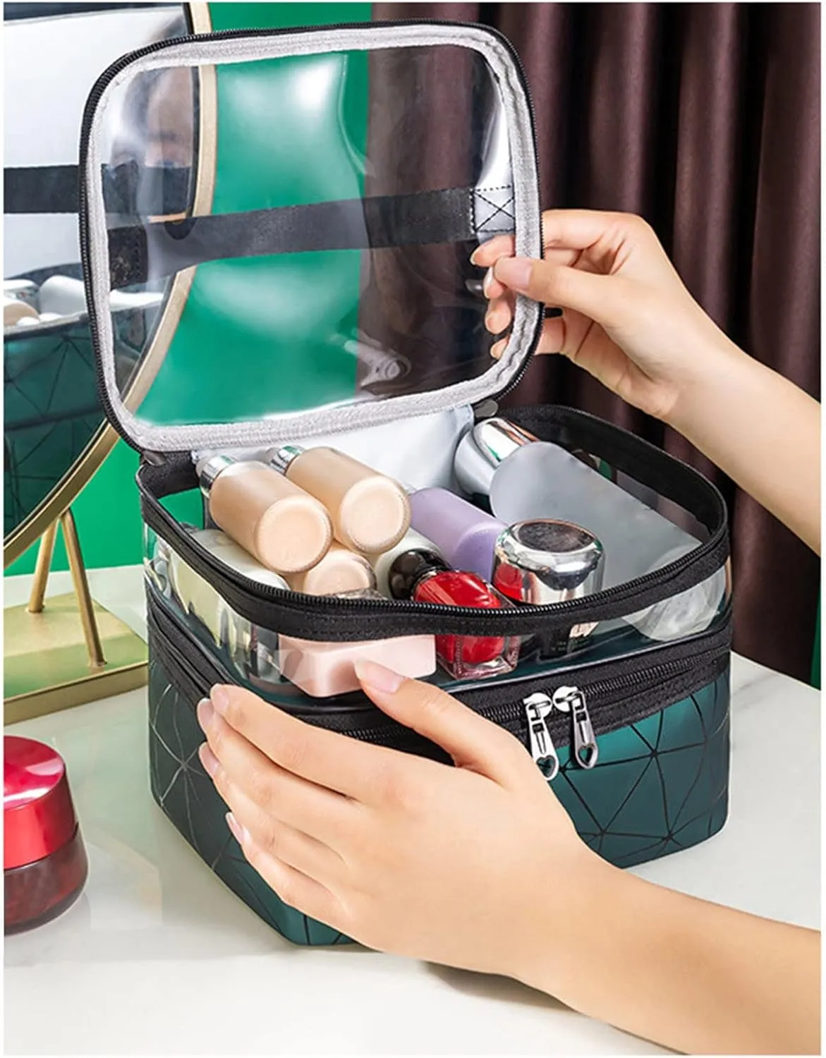 Makeup Travel Case Leopard Makeup Bags Double Layer Travel Cosmetic Cases Make Up Organizer Toiletry Bags Double Layer