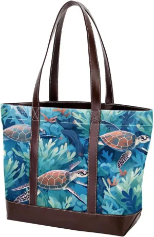 Marine Coral Turtle-280 Tote Bags Durable Leather Canvas Purses and Handbags for Women Top Handle Shoulder Satchel Hobo Bags
