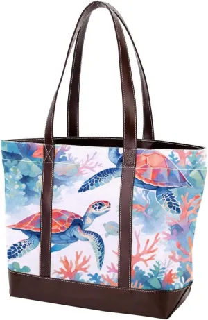 Marine Coral Turtle-310 Tote Bags Durable Leather Canvas Purses and Handbags for Women Top Handle Shoulder Satchel Hobo Bags
