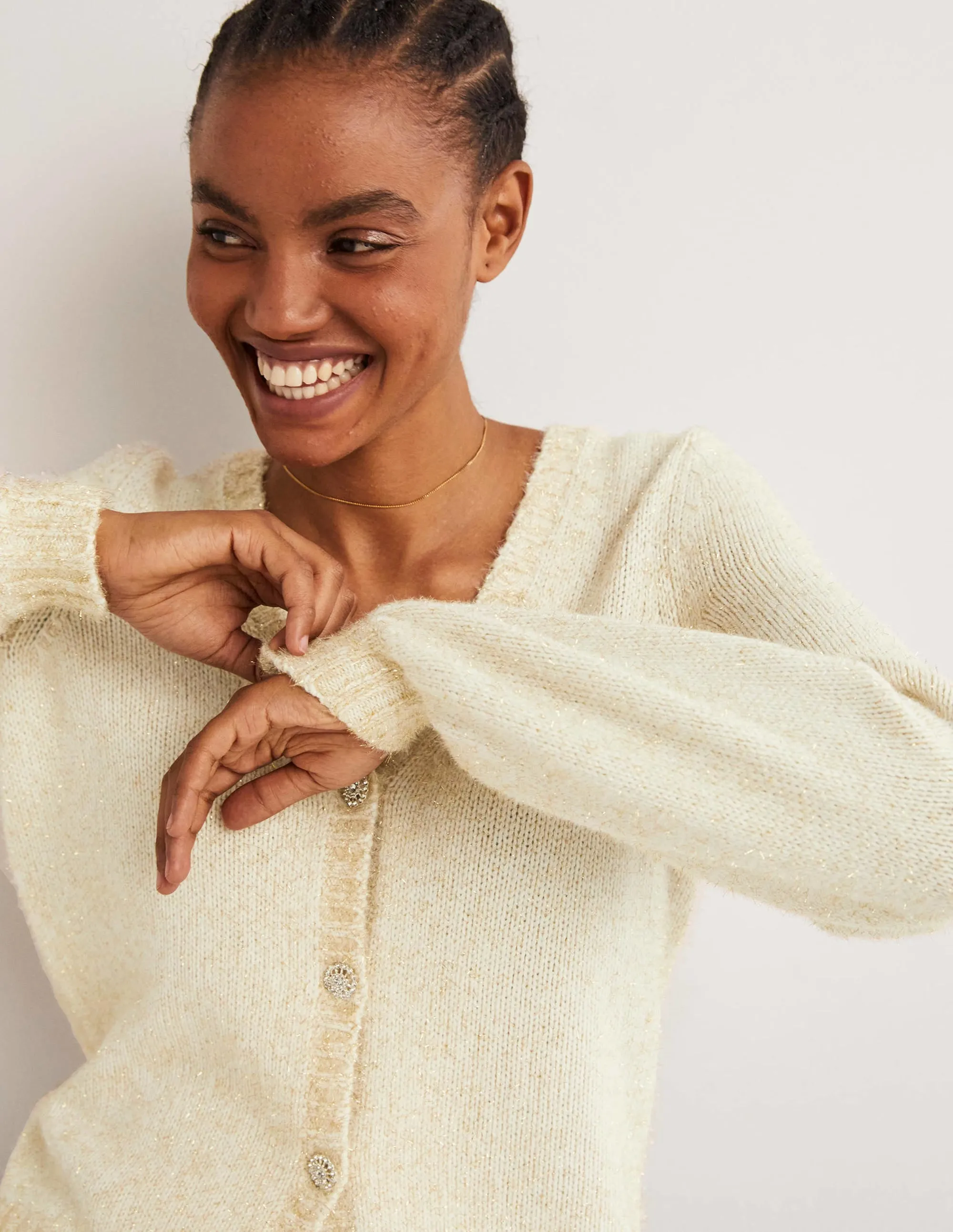 Metallic Fluffy Cardigan-Ivory, Gold