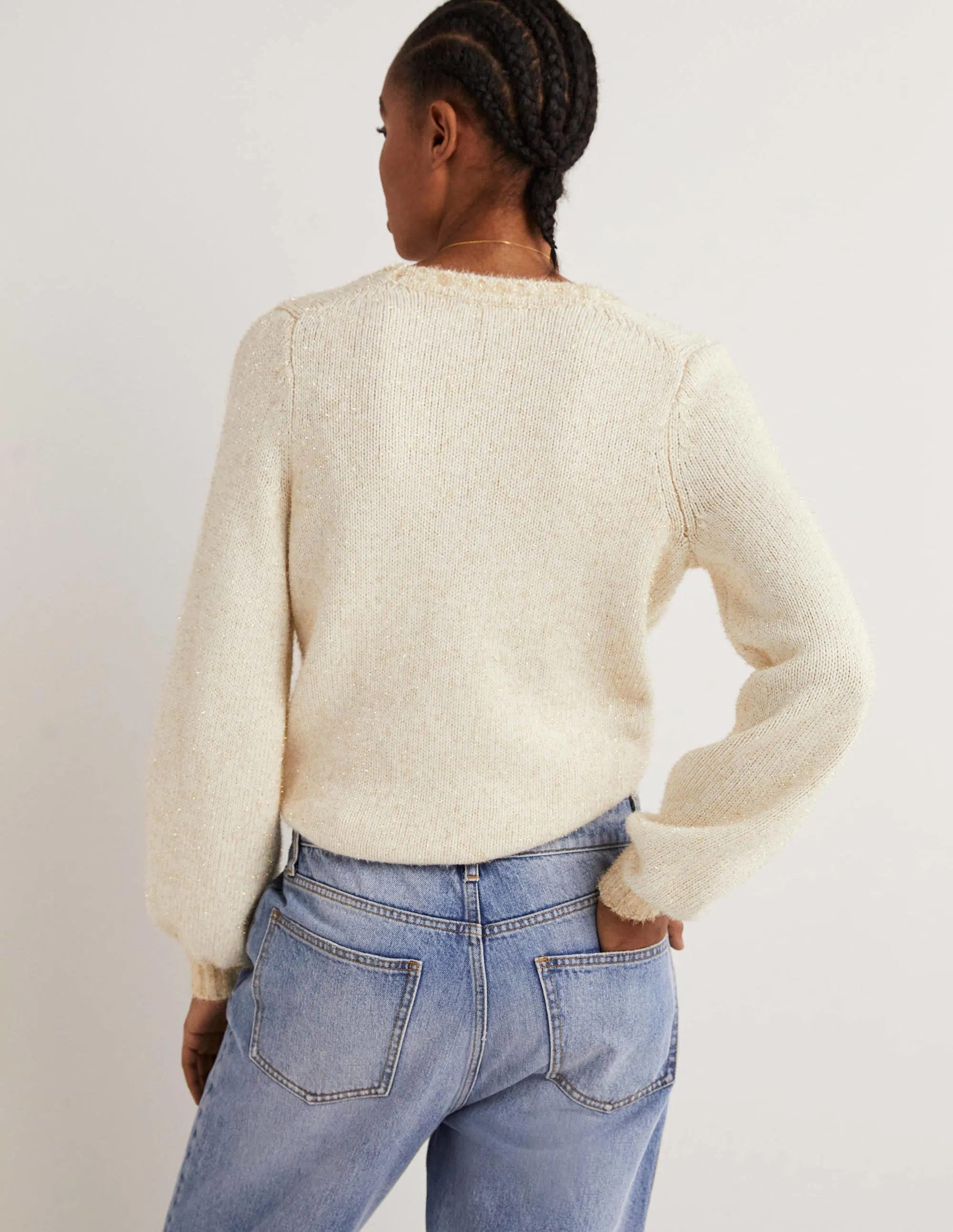 Metallic Fluffy Cardigan-Ivory, Gold