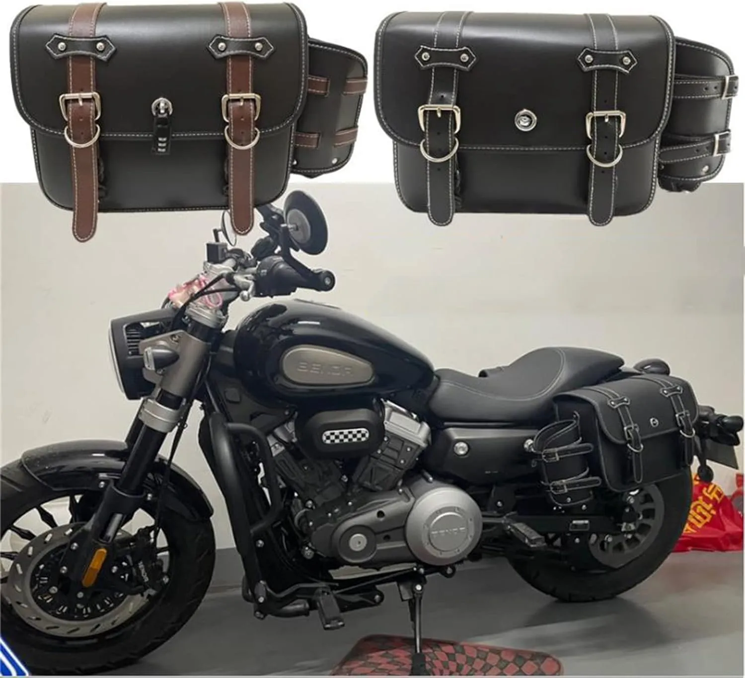 Motorcycle Saddlebags Motorcycle Saddlebags with Lock Leather, Universal Large Capacity Waterproof Travel Tool Bag with Cup Holder, Motorcycles Accessories, for Motorcycle Dirt Bike