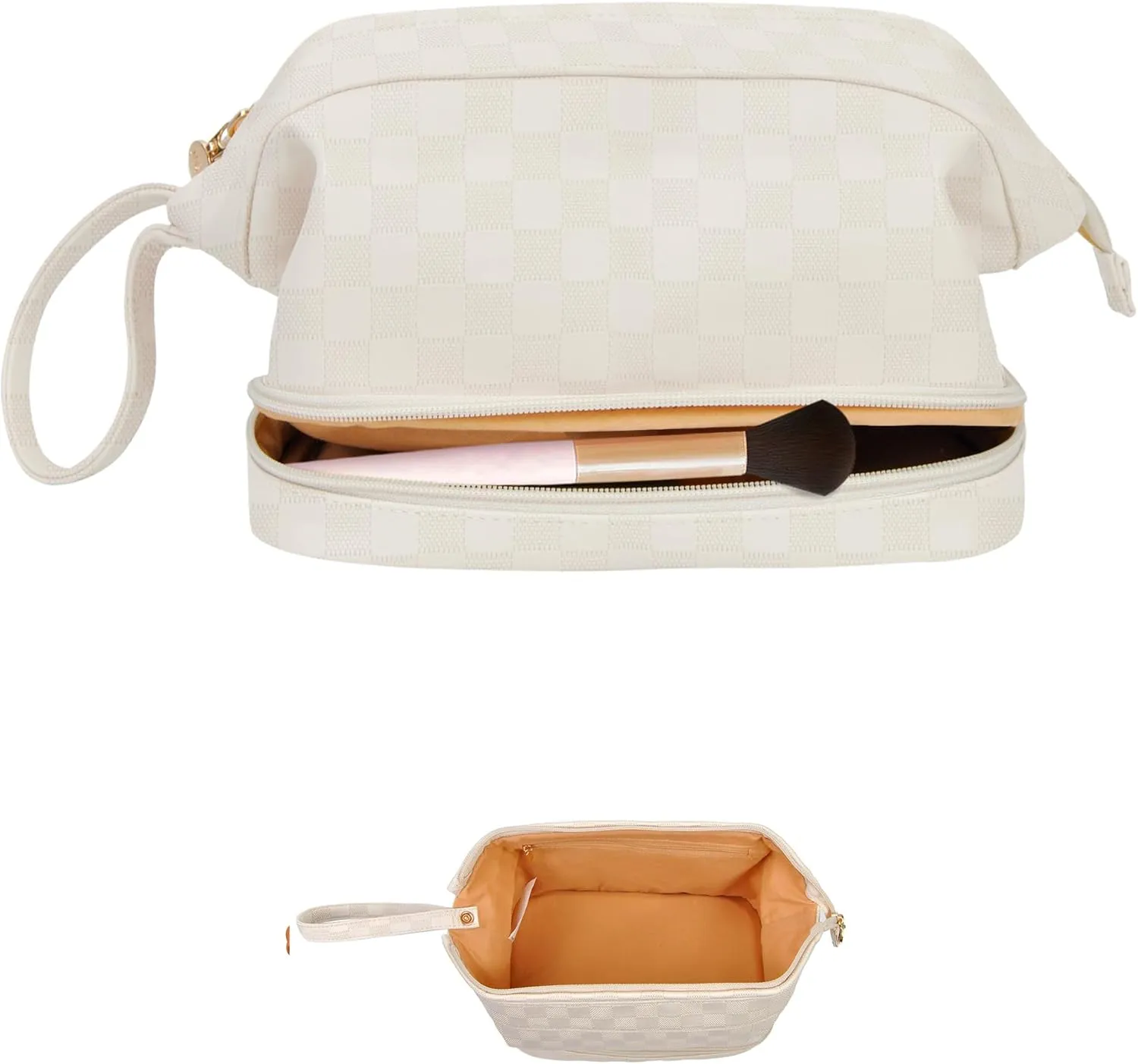 NGIL Faux Leather Cosmetic Bag for Women, Makeup Bag Organizer, Makeup Brush Storage, Portable Travel Bag for Toiletries (Checkered, Cream, Medium)