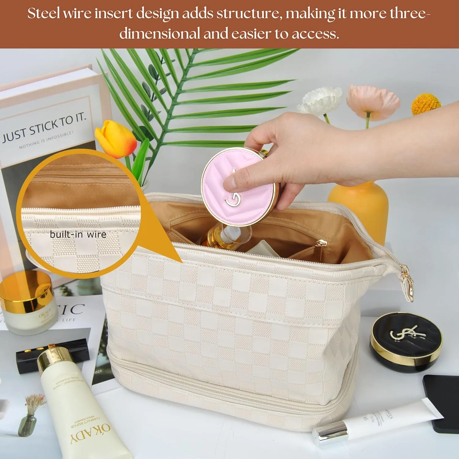 NGIL Faux Leather Cosmetic Bag for Women, Makeup Bag Organizer, Makeup Brush Storage, Portable Travel Bag for Toiletries (Checkered, Cream, Medium)
