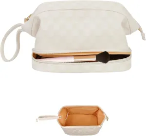NGIL Faux Leather Cosmetic Bag for Women, Makeup Bag Organizer, Makeup Brush Storage, Portable Travel Bag for Toiletries (Checkered, Cream, Medium)