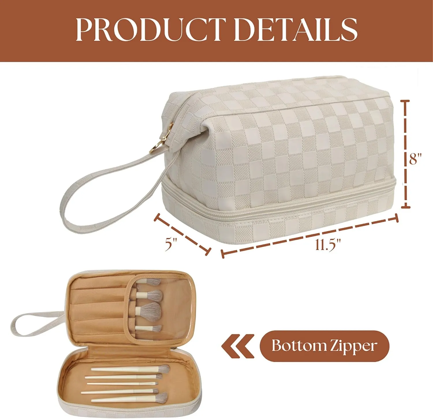 NGIL Faux Leather Cosmetic Bag for Women, Makeup Bag Organizer, Makeup Brush Storage, Portable Travel Bag for Toiletries (Checkered, Cream, Medium)
