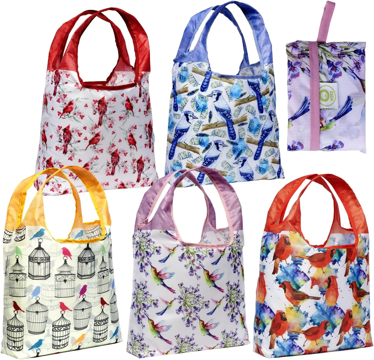 O-WITZ Reusable Grocery Bags | Vibrant Tote Bag For Groceries, Gym, Office, Beach, Toys & More | Washable Design With Large Handles For Maximum Convenience | Folds Into A Small Pouch, 5-pack, Birds
