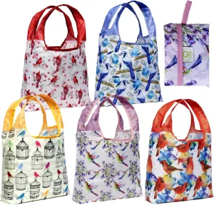 O-WITZ Reusable Grocery Bags | Vibrant Tote Bag For Groceries, Gym, Office, Beach, Toys & More | Washable Design With Large Handles For Maximum Convenience | Folds Into A Small Pouch, 5-pack, Birds