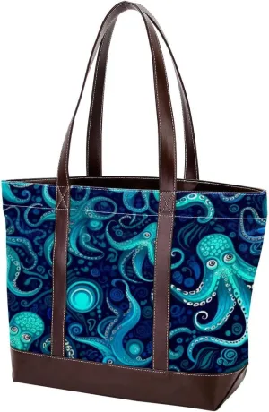 Ocean Octopus-1696 Tote Bags Durable Leather Canvas Purses and Handbags for Women Top Handle Shoulder Satchel Hobo Bags