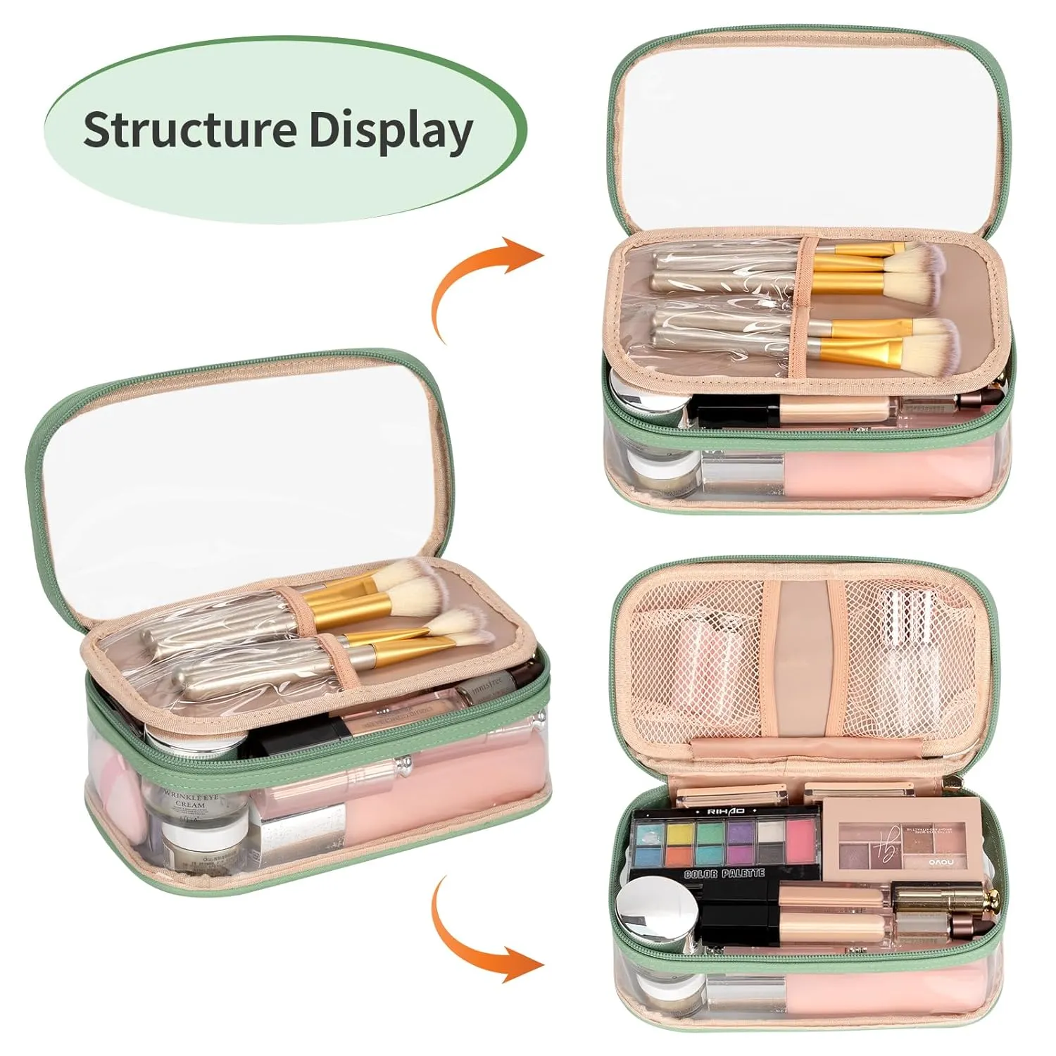 OCHEAL Clear Makeup Bag, Portable Makeup Storage Organizer Cosmetic Bag, Travel Makeup Bag Cute Clear Pouch For Women and Girls Cosmetics Bags with Divider Makeup Brush Compartment-Green