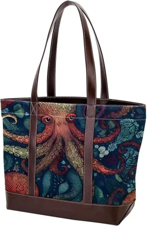 Octopus Art-1618 Tote Bags Durable Leather Canvas Purses and Handbags for Women Top Handle Shoulder Satchel Hobo Bags