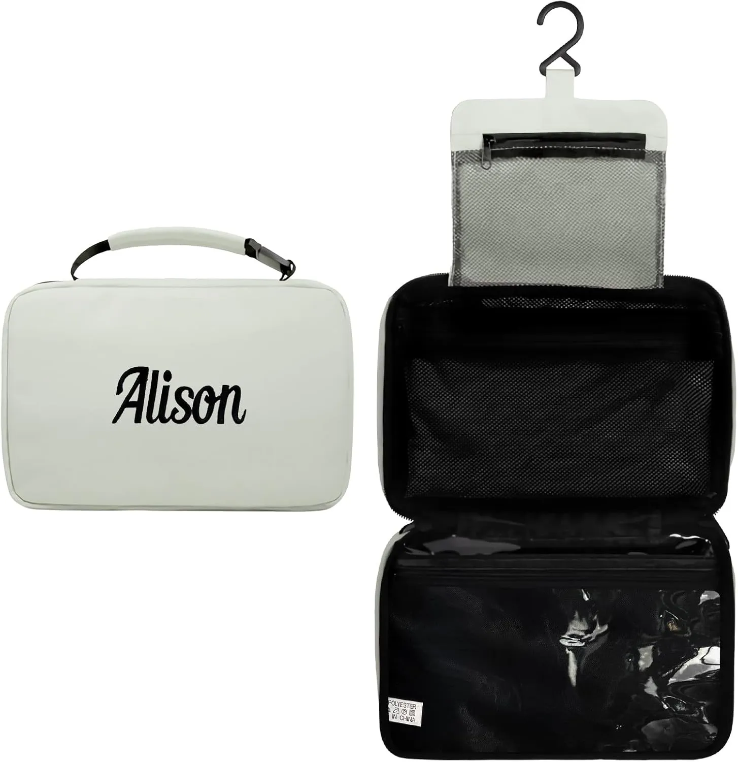 Personalized Travel Toiletry Bag for Women with Custom Name Embroidery - Large Hanging Cosmetic Organizer, Waterproof Makeup Bag, Spa & Vacation Essentials Case (White)