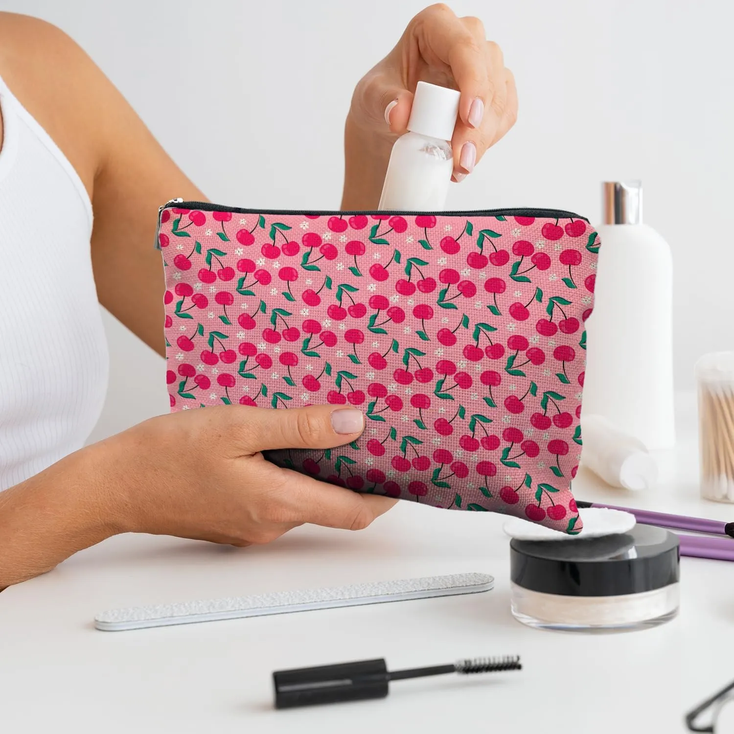 Pink Cherry Makeup Bag, Coquette Makeup Bag, Cherry Accessories for Women, Cherry Stuff, Aesthetic Makeup Bag, Cherry Print Cosmetic Bags Toiletry Bag for Women, Preppy Cosmetic Bag