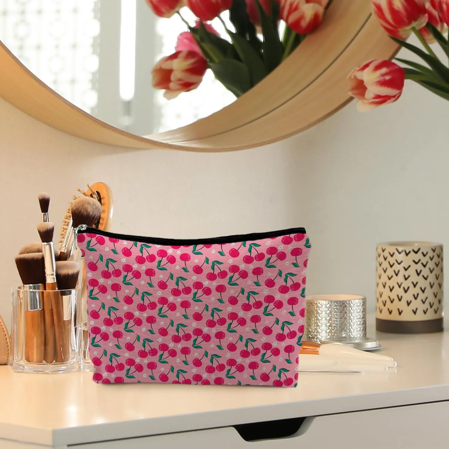 Pink Cherry Makeup Bag, Coquette Makeup Bag, Cherry Accessories for Women, Cherry Stuff, Aesthetic Makeup Bag, Cherry Print Cosmetic Bags Toiletry Bag for Women, Preppy Cosmetic Bag