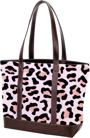 Pink Leopard Print-13 Tote Bags Durable Leather Canvas Purses and Handbags for Women Top Handle Shoulder Satchel Hobo Bags