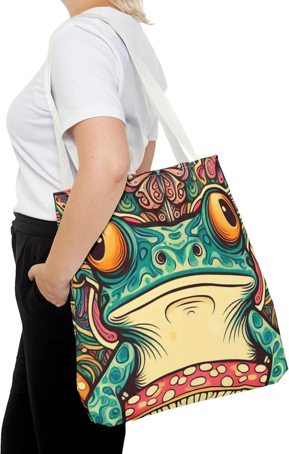 Psychedelic Frog Tote Bag  Trippy Hippy Style Eco-Friendly Reusable Shopping Bag for Women