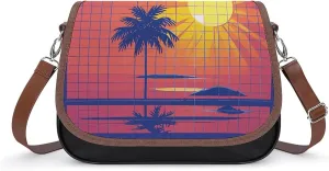 PU Leather Crossbody Bag Palm Tree Sun And Grid in Vibrant Shades Of. Print Flapover Tote Bag Shoulder Handbag Purse for Women with Adjustable Strap
