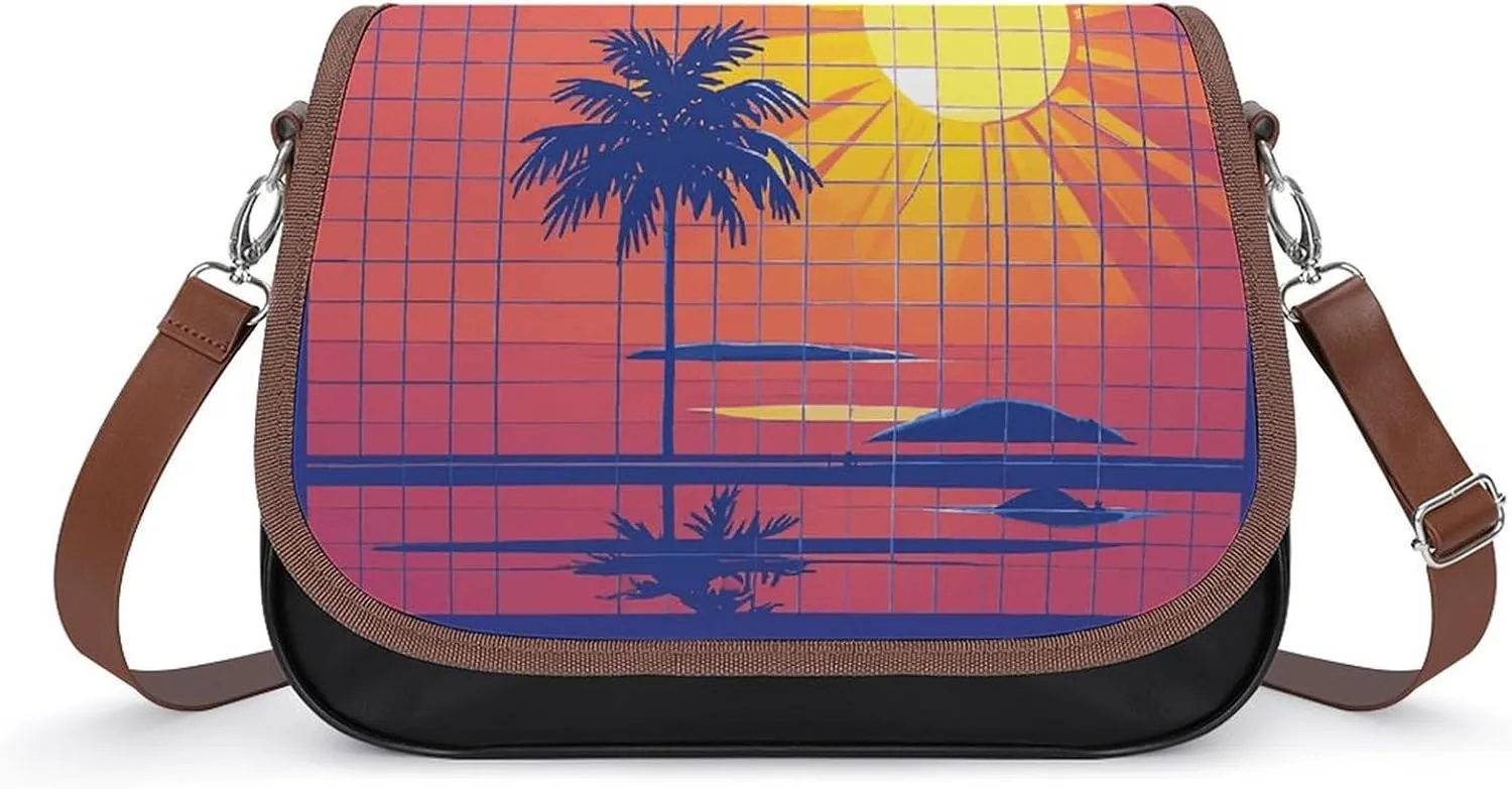 PU Leather Crossbody Bag Palm Tree Sun And Grid in Vibrant Shades Of. Print Flapover Tote Bag Shoulder Handbag Purse for Women with Adjustable Strap