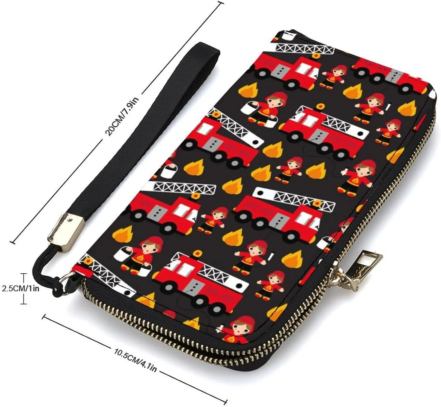Pu Leather Wristlet Wallet for Women, Cute Cartoon Firefighter Red Fire Truck Compact Credit Card Holder Fashion Long Zipper Purse Clutch Handbag