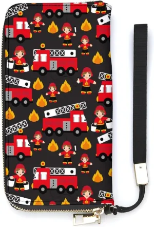 Pu Leather Wristlet Wallet for Women, Cute Cartoon Firefighter Red Fire Truck Compact Credit Card Holder Fashion Long Zipper Purse Clutch Handbag