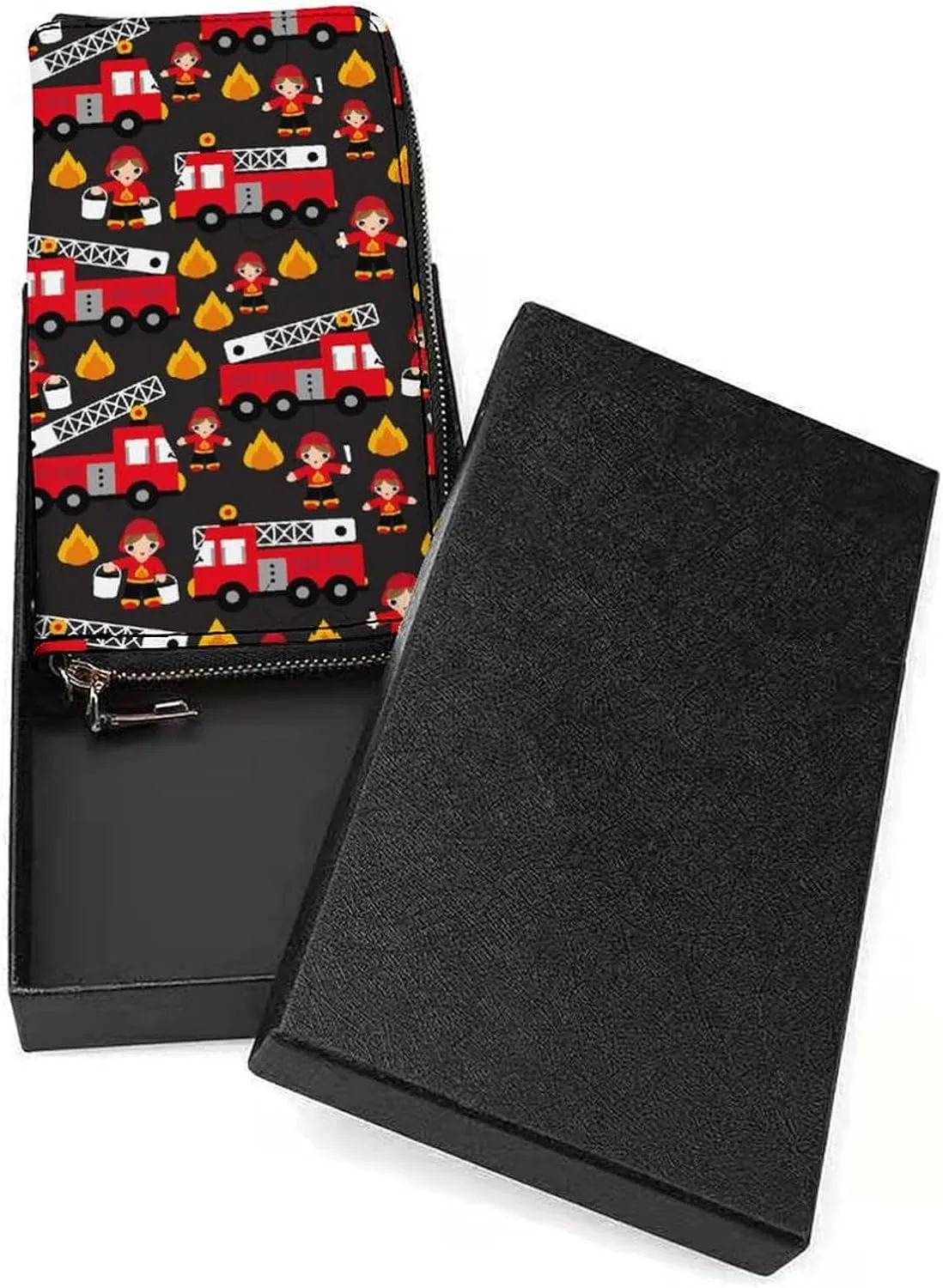 Pu Leather Wristlet Wallet for Women, Cute Cartoon Firefighter Red Fire Truck Compact Credit Card Holder Fashion Long Zipper Purse Clutch Handbag