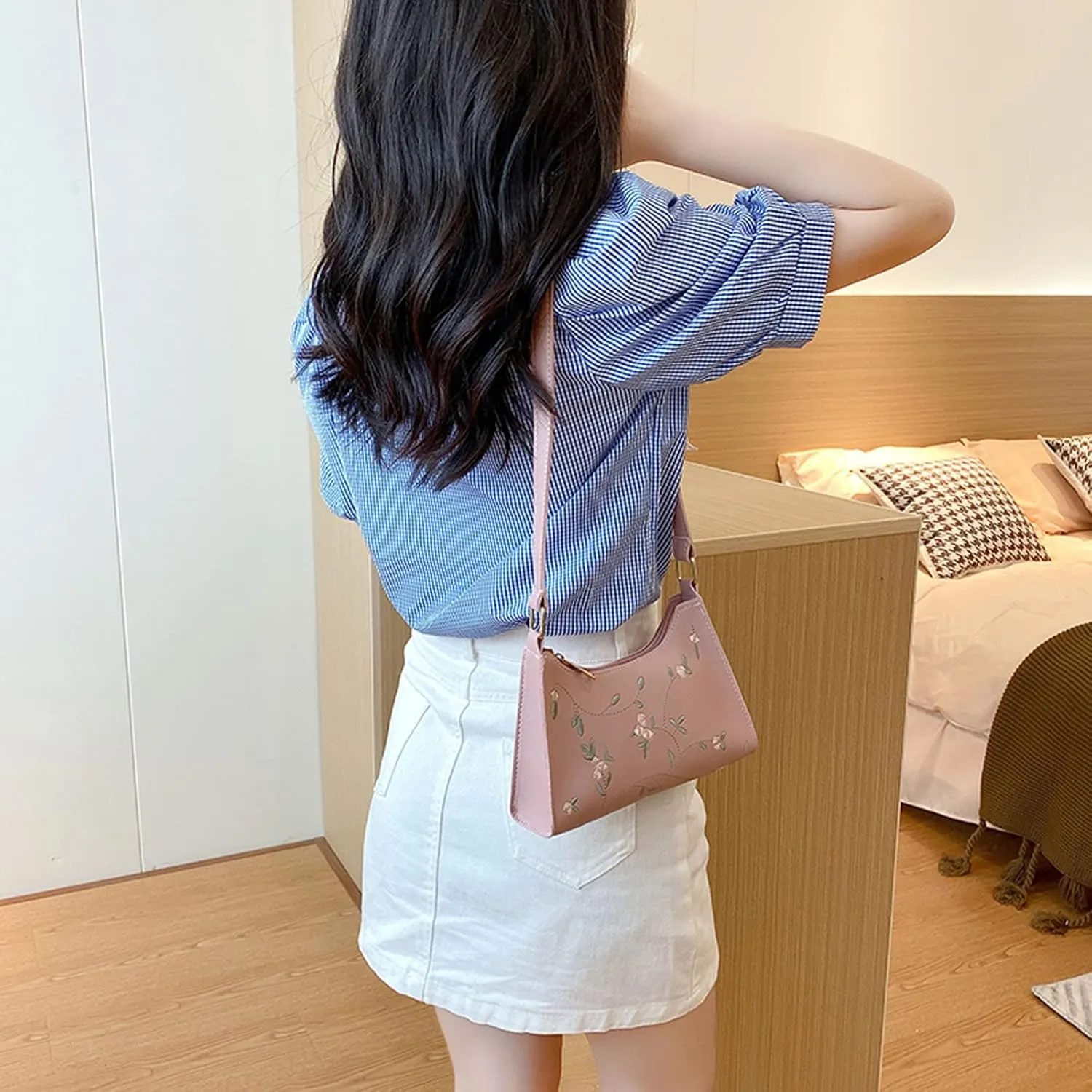 Puffer Tote Bag Mini Artificial Leather Embroidery Underarm Bag Phone Bag Shoulder Bag Messenger Bag For Shopping